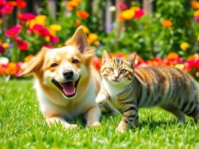 Un chien et un chat jouant dans le jardin.