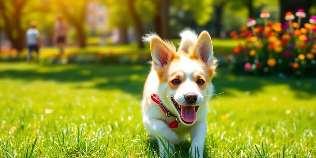 Un chien heureux jouant dans un parc ensoleillé.